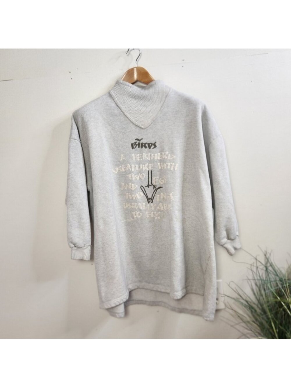 Vintage 90s Gray Birds Oversized Tunic Long Sweatshirt 1990s Preppy Graphic